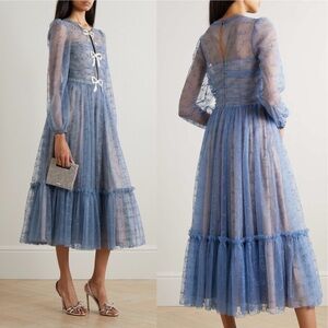 SALONI Camille Tulle Bugle Bows Midi Dress Iris Blue